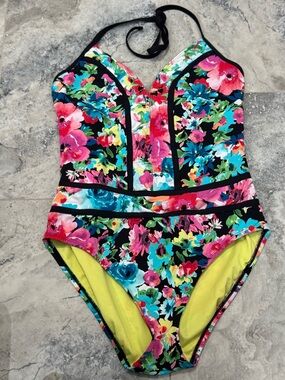 Bleu Rod Beattie Floral One-Piece Swimsuit in Black with Multicolor Flowers